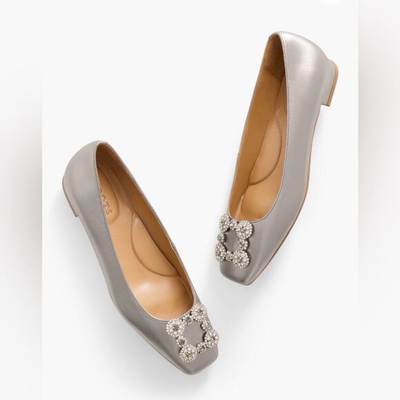 Talbots Shoes - Talbots Silver Satin Embellished Square-Toe Flats
